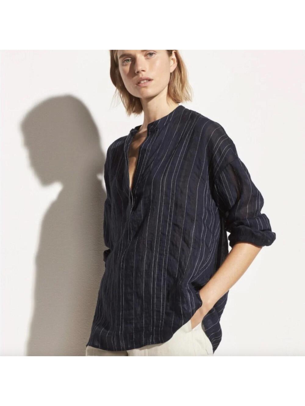 NWT Vince Drape Stripe Pullover Blouse Coastal Blue Size S Gauzy Sheer